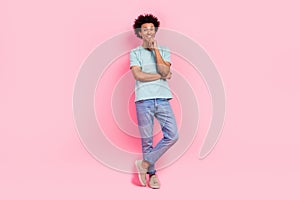 Full length photo of handsome young male touch chin minded posing wear trendy blue garment isolated on pink color
