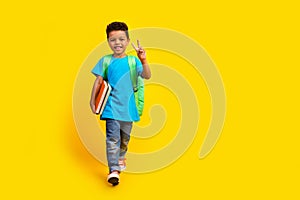 Full length photo of happy smiling preteen boy wear blue t-shirt walking school showing v-sign empty space 