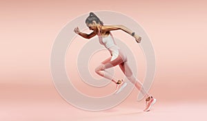 Full length photo of lady jump high up training marathon finish line wear sports suit isolated pink color background