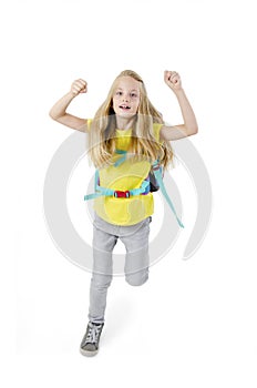 Full length photo of little pupil jump high finally holidays wear casual