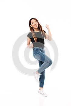 Full length photo of skinny pretty asian woman in casual wear sh