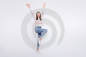 Full length photo of wild lady yelling hooray at student party wear striped pullover isolated white background