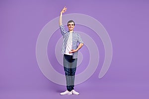 Full length photo of young handsome man good mood standing dancer isolated over violet color background