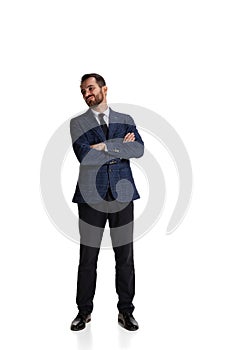 Full-length portrait of businessman with dissatisfied facial expresion due unpleasant project results isolated over