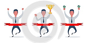 Full length portrait of a businessman running at the finish line. Happy man crosses finish line with trophy. Vector flat