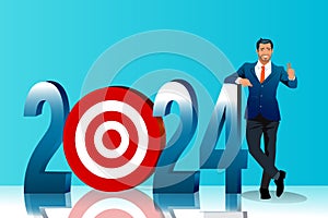 Full length portrait of a businessman standing next to 2024 year and showing thumbs up isolated on blue background