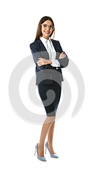 Full length portrait of businesswoman on white