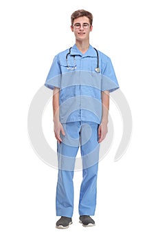 Full length portrait of confident male surgeon wearing scrubs.