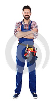 Full length portrait of construction worker with tool belt