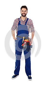 Full length portrait of construction worker with tool belt