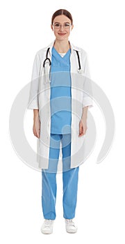 Full length portrait of doctor on white background