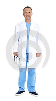 Full length portrait of experienced doctor in uniform on white background