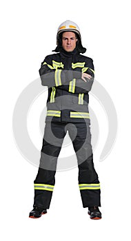 Full length portrait of firefighter and helmet on white background