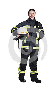 Full length portrait of firefighter in uniform with helmet on white background