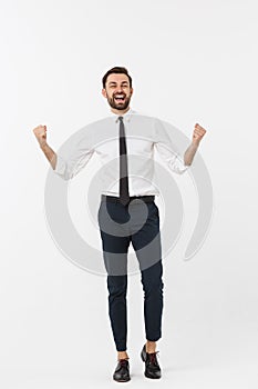 Full-length portrait of happy businessman in formal wear with raising hands up. isolated on white background.