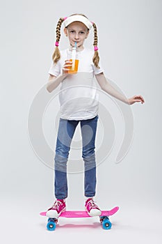 Full Length Portrait of Happy Caucasian Blond Girl in Visor