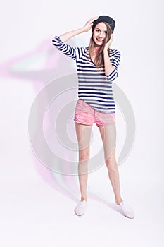 Full Length Portrait of Happy Smiling Caucasian Brunette in Hat