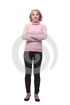 Full length portrait of a happy woman standing isolated over white background