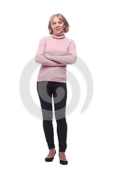 Full length portrait of a happy woman standing isolated over white background