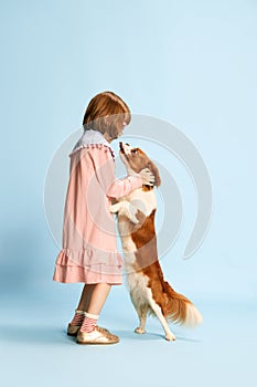 Full-length portrait of little girl, child in cute pink dress playing with lovely dog against blue studio background