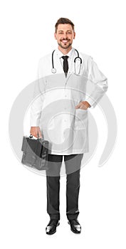 Full length portrait of male doctor with briefcase isolated on white