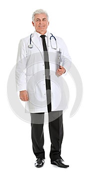 Full length portrait of male doctor with clipboard isolated. Medical staff