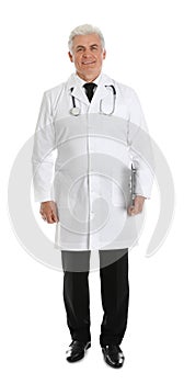 Full length portrait of male doctor with clipboard isolated on white