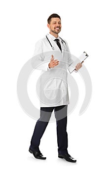 Full length portrait of male doctor with clipboard. Medical staff