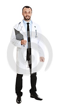 Full length portrait of male doctor with clipboard. Medical staff