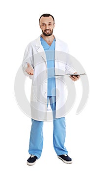 Full length portrait of male doctor with clipboard. Medical staff