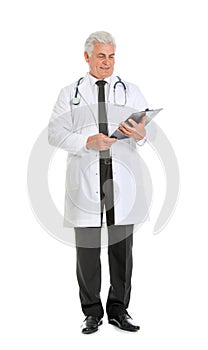 Full length portrait of male doctor with clipboard. Medical staff