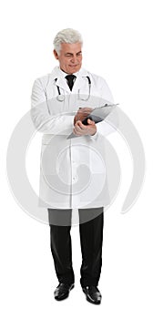 Full length portrait of male doctor with clipboard. Medical staff