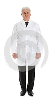 Full length portrait of male doctor isolated on white