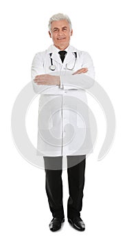 Full length portrait of male doctor with stethoscope isolated on white