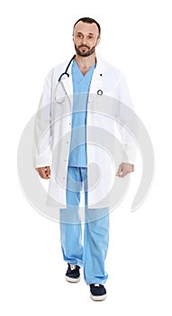 Full length portrait of male doctor on white. Medical staff