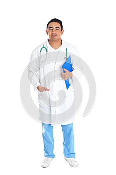 Full length portrait of male Hispanic doctor isolated on white. Medical