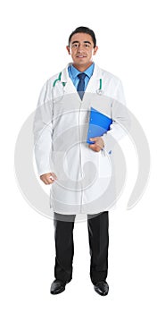 Full length portrait of male Hispanic doctor isolated on white. Medical