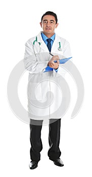 Full length portrait of male Hispanic doctor isolated on white. Medical