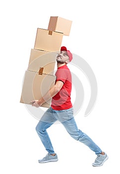Full length portrait of man in uniform carrying boxes