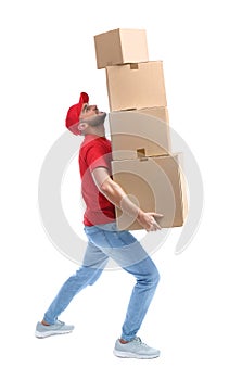 Full length portrait of man in uniform carrying boxes