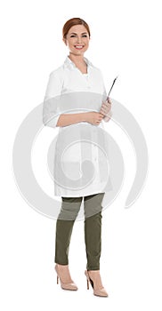 Full length portrait of medical doctor with clipboard