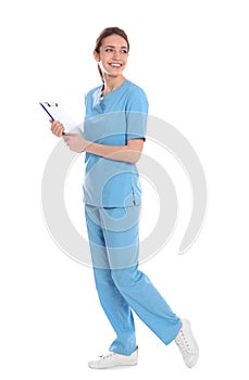 Full length portrait of medical doctor with clipboard isolated