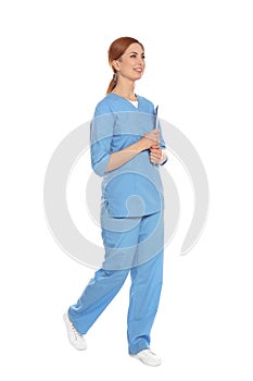 Full length portrait of medical doctor with clipboard isolated