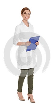 Full length portrait of medical doctor with clipboard isolated