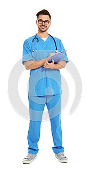 Full length portrait of medical doctor with clipboard and stethoscope