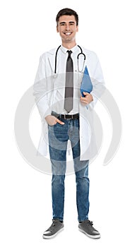 Full length portrait of medical doctor with clipboard and stethoscope isolated