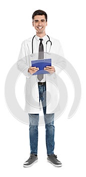 Full length portrait of medical doctor with clipboard and stethoscope isolated