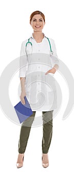 Full length portrait of medical doctor with clipboard and stethoscope isolated