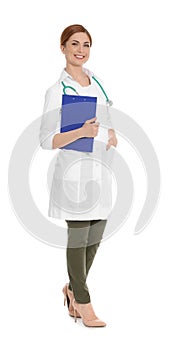 Full length portrait of medical doctor with clipboard and stethoscope isolated