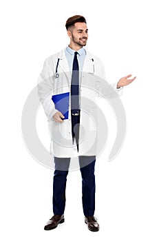 Full length portrait of medical doctor with clipboard and stethoscope on white